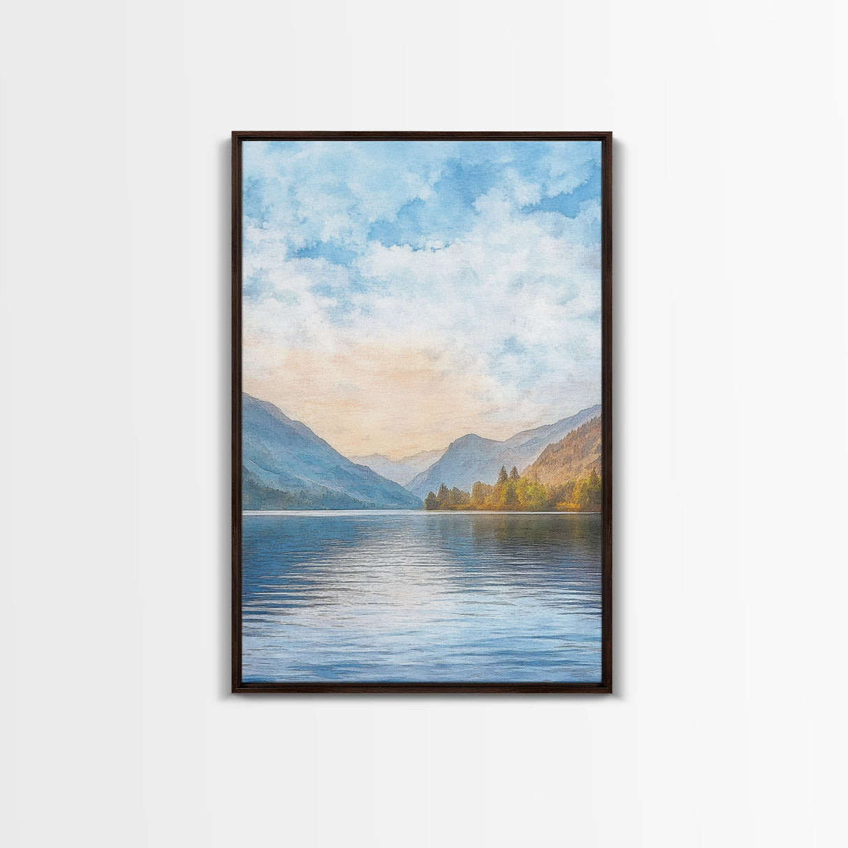 The Calm Lake Framed Canvas Print, PNW Wall Art, Modern Realism Home Decor, Watercolor Landscape Print