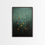 Moody Wild Flowers Print, Framed Canvas, Boho Decor, Wildflowers in a Rain Storm, Modern Farmhouse, Rustic Decor