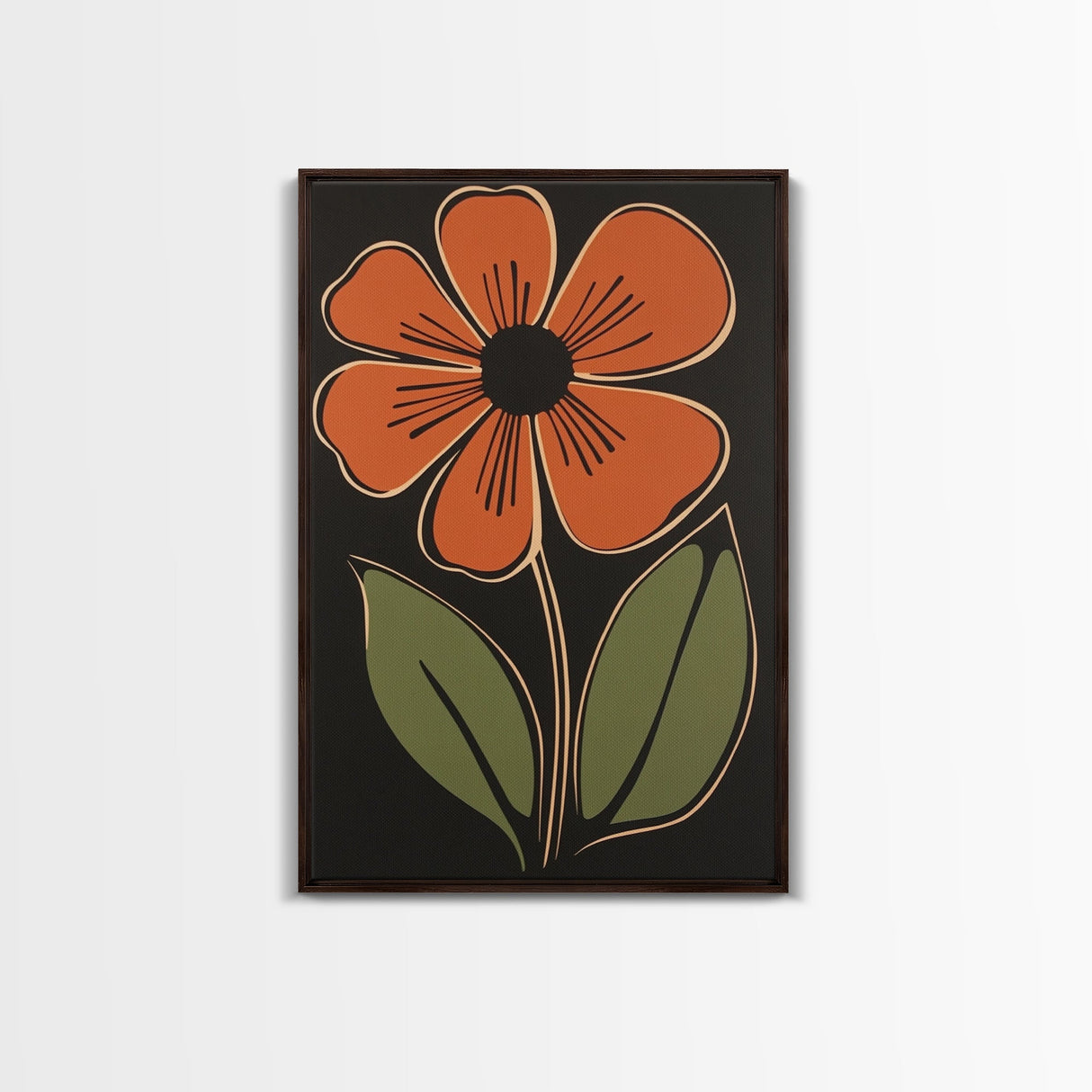 Mid Century Modern Floral Print, Orange Flower on Black Background, Framed Canvas Print