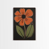 Mid Century Modern Floral Print, Orange Flower on Black Background, Framed Canvas Print