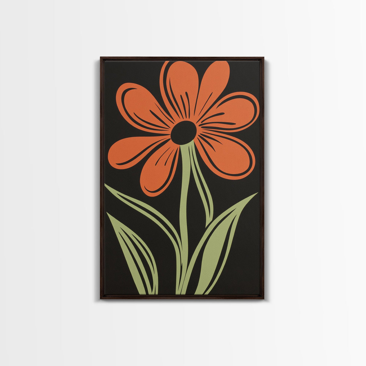 Orange Daisy with Black Background, Framed Canvas Print, Cute Floral Print, Botanical Minimalist Home Decor