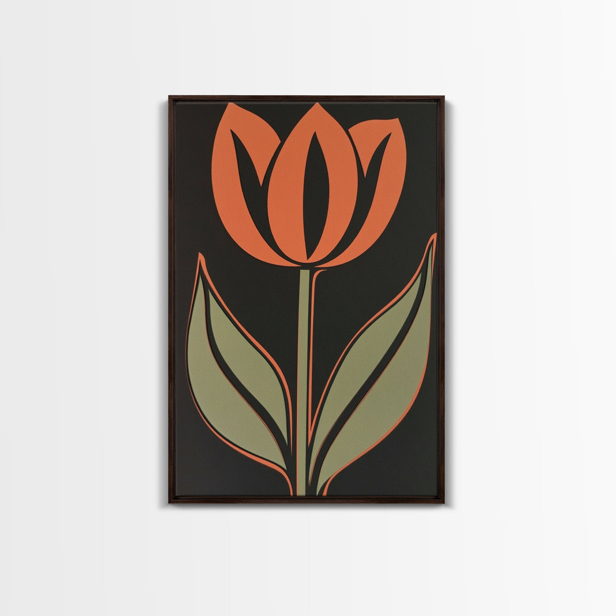 Framed Canvas Wall Art, Dark Botanical Black Background Orange Flower Modern Boho Wall Art Living Room Decor Above Sofa