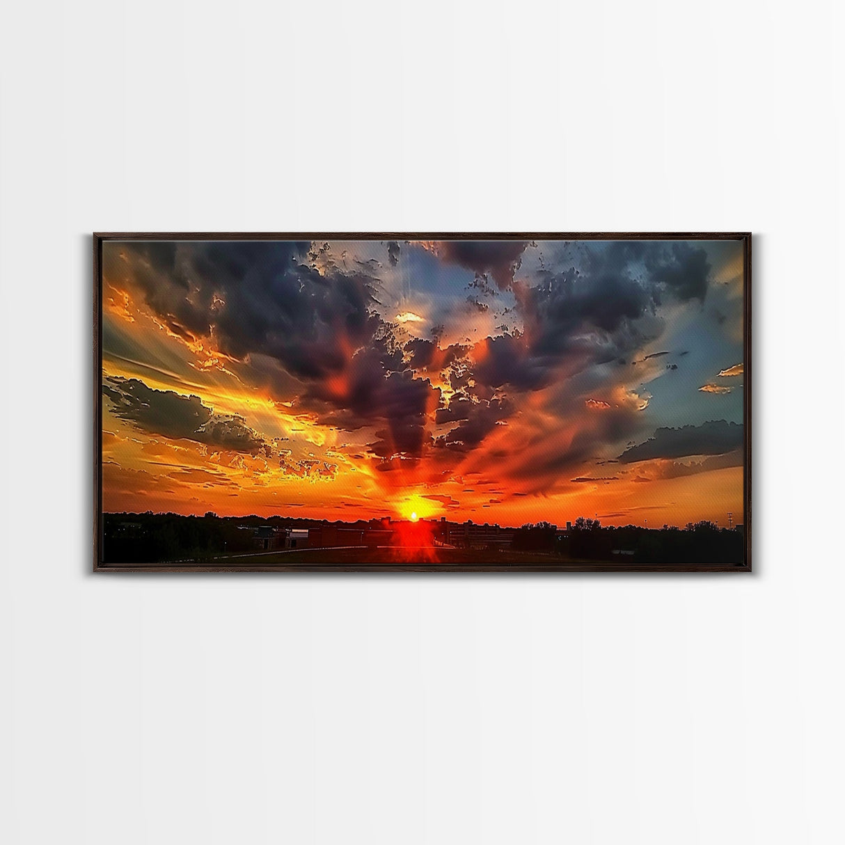 Small Town Life, Framed Canvas Print, Sunset Over A Small Town, Rustic Farmhouse Decor, Photography Style Wall Art