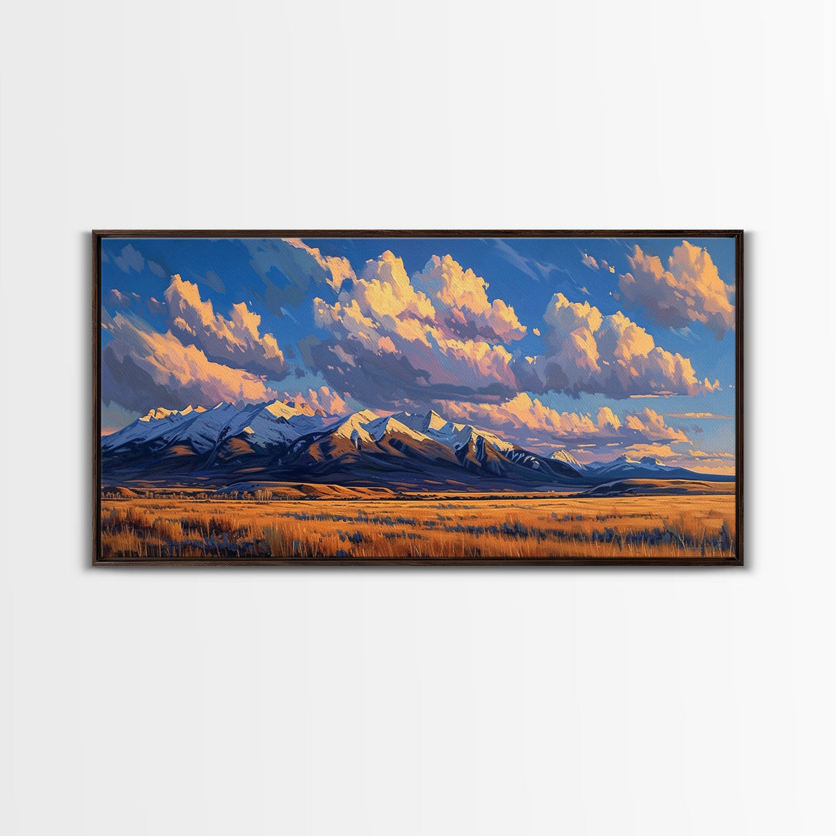 Sunset Over The Mountains Framed Canvas Print, Panoramic Art, Large Format Horizontal Panoramic Wall Art