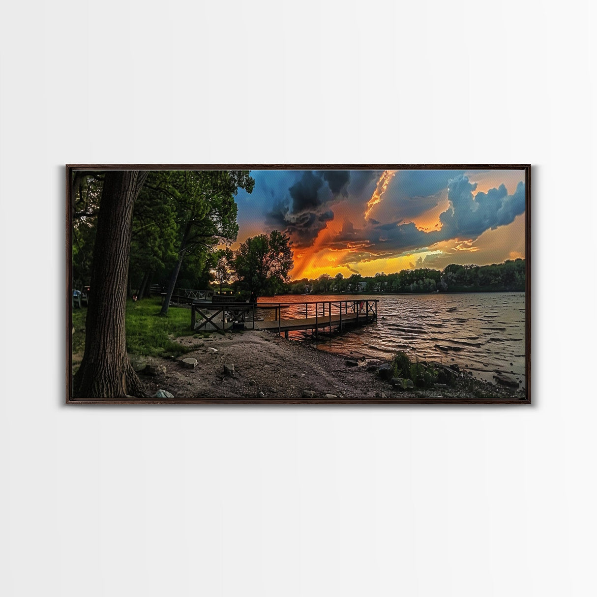 Sunset At The Lake Framed Canvas Print, Lakehouse Decor, Rustic Modern Farmhouse Wall Art, Photography Style Landscape Art