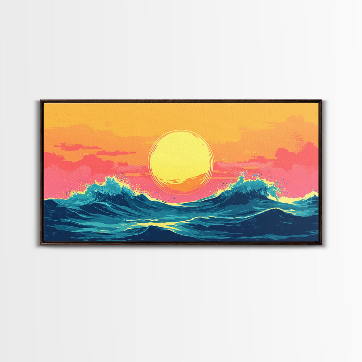 Synthwave Sunset Over Ocean Waves, Framed Canvas Print, Retro 80s Inspired Home Decor Wall Art