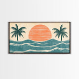 Japanese Wood Block Print Style Sunset and Palm Trees, Framed Canvas Print, Boho Style, Minimalist home Decor