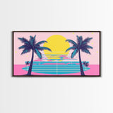 Retro Synthwave Wall Art, Outrun Home Decor Framed Canvas Print, Two Palm Trees and a Sunset