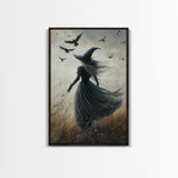 The Witch and her Ravens, Framed Canvas print, Spooky Season Halloween Wall Art, Gothic Home Decor, Witch Wall Art, Halloween Art