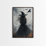 The Witch and her Crows, Framed Canvas print, Spooky Season Halloween Wall Art, Gothic Home Decor, Witch Wall Art, Halloween Art