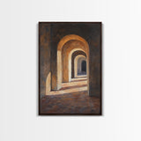Sunlight Peaks Through the Pillars, Framed Canvas Print, Moroccan Style Wall Art, Moroccan Painting, Paint of Morocco