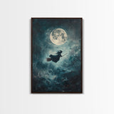 Witchy Decor, Witch Wall Art, Witch Riding a Broom Under a Full Moon, Witch Painting, Framed Canvas Print, Witchy Wall Art, Halloween Decor