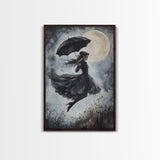 Witch Flying with an Umbrella, Framed Canvas Print, Witchy Decor, Halloween Wall Art, Goth Art, Dark Academia
