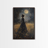 Witch Under a Full Moon Framed Canvas Print, Vintage Art Prints, Dark Academia, Witchy Gifts, Halloween Prints, Gothic Wall Art
