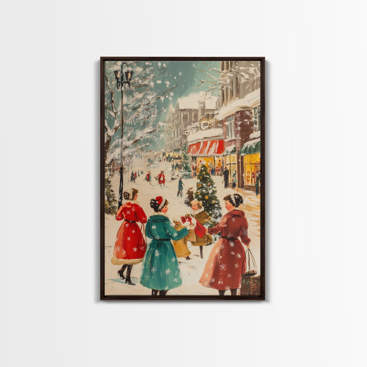 Winter Wall Art Christmas Canvas Print - 1950s Style Post Card Art - Christmas Decor - Christmas Shoppers In The Streets - Christmas Village Art