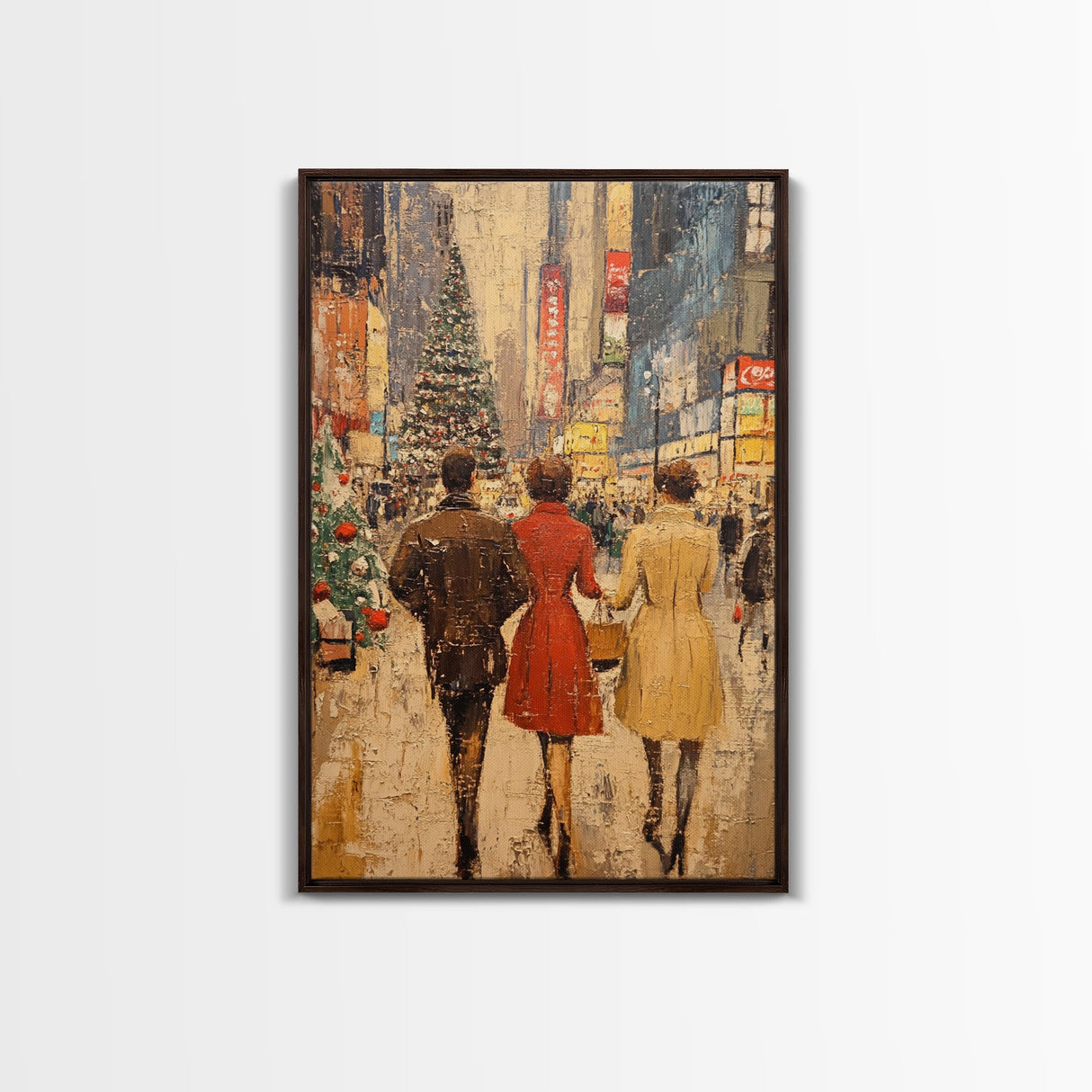Retro Christmas Town Scene with Shoppers Walking The Streets, Framed Canvas print, Holiday Street Decor, Framed Canvas Winter Wall Art