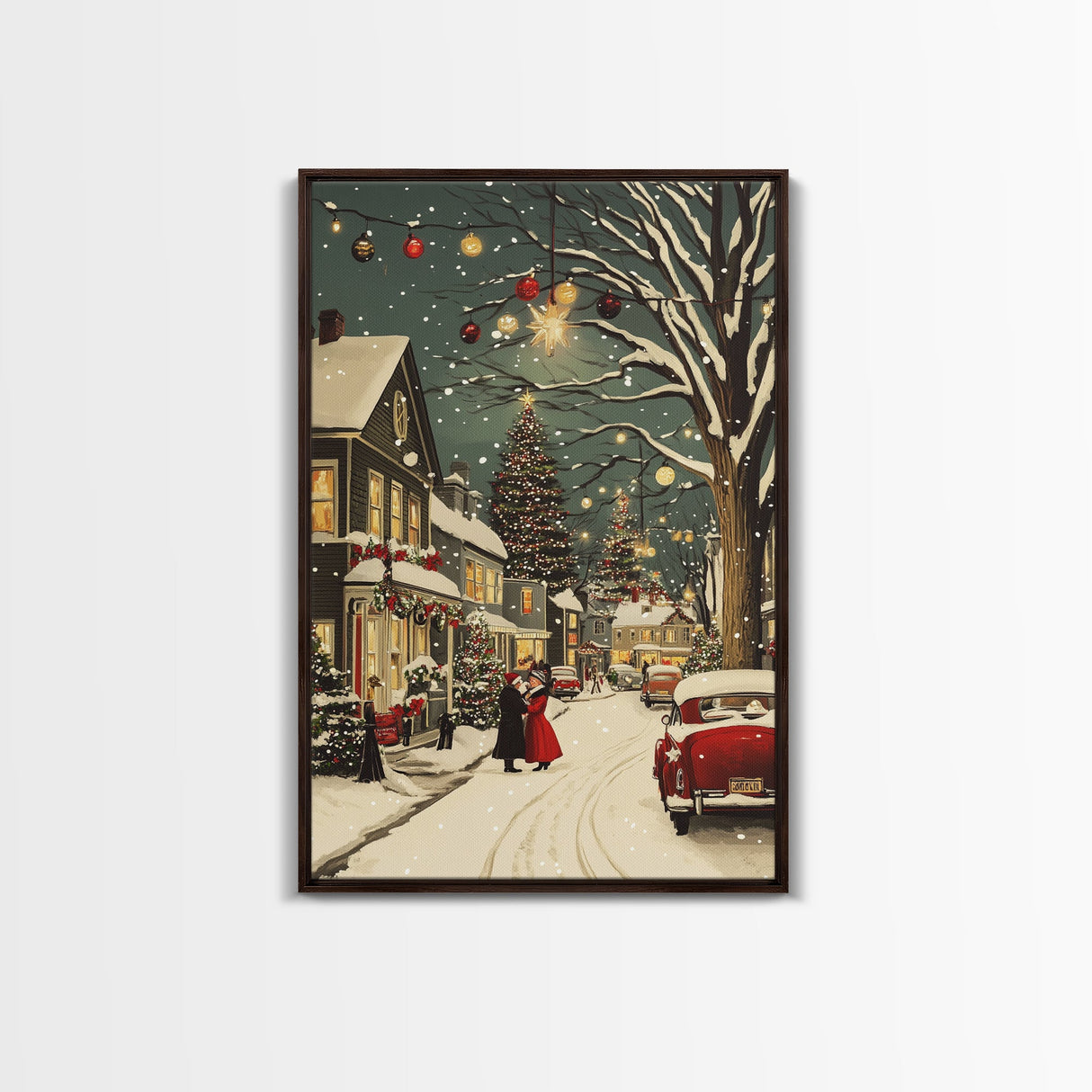 Vintage Christmas Wall Art, Framed Canvas Print, Vintage Art Print, Christmas Village Painting, Christmas Wall Art, Christmas Print