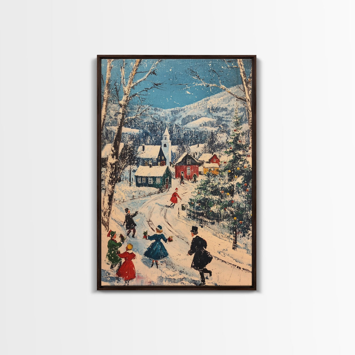 Ice Skating in The Streets on Christmas Morning Framed Canvas Print - Retro Christmas Village Wall Art - Christmas Above Mantle Centerpiece Art