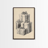 Drawing of Christmas Gifts Canvas Print - Framed Canvas - Minimalist Christmas Art - Boho Christmas Art - Rustic Christmas Art