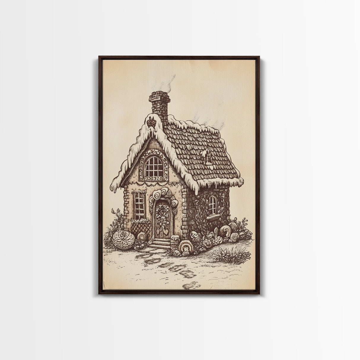 Ginger Bread House Canvas Print - Framed Canvas - Minimalist Christmas Art - Boho Christmas Art - Rustic Christmas Art