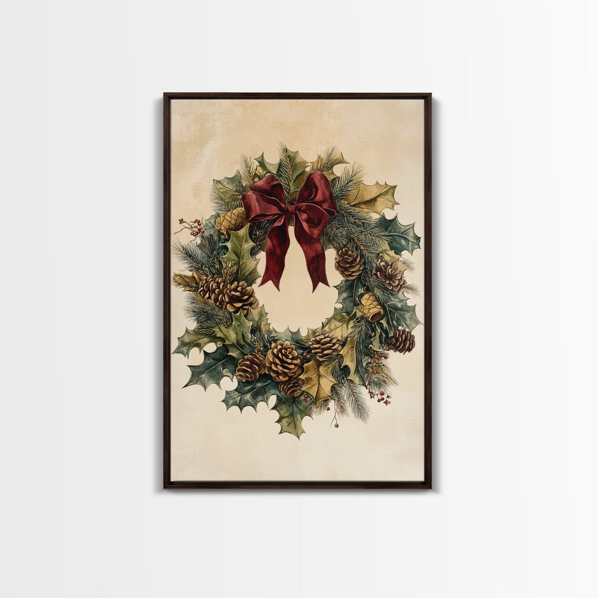 Vintage Christmas Wreath Canvas Print - Framed Canvas - Minimalist Christmas Art - Boho Christmas Art - Rustic Christmas Art
