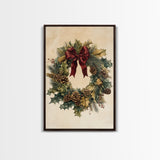 Vintage Christmas Wreath Canvas Print - Framed Canvas - Minimalist Christmas Art - Boho Christmas Art - Rustic Christmas Art