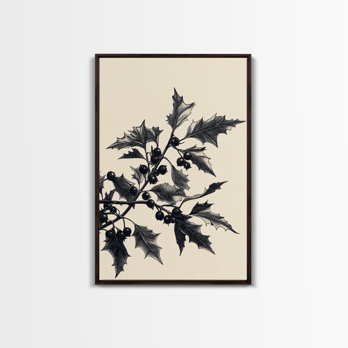Vintage Holly Branch Canvas Print - Framed Canvas - Minimalist Christmas Art - Boho Christmas Art - Rustic Christmas Art
