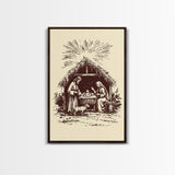 Retro Nativity Scene Canvas Print - Framed Canvas - Minimalist Christmas Art - Boho Christmas Art - Rustic Christmas Art
