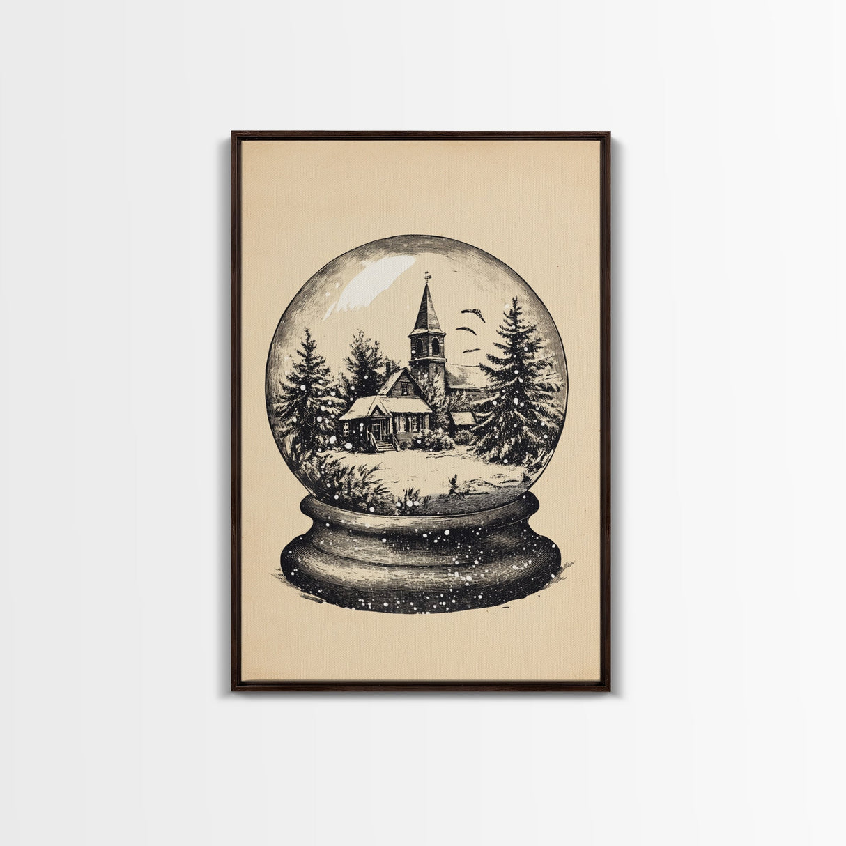 Retro Christmas Snowglobe Canvas Print - Framed Canvas - Minimalist Christmas Art - Boho Christmas Art - Rustic Christmas Art