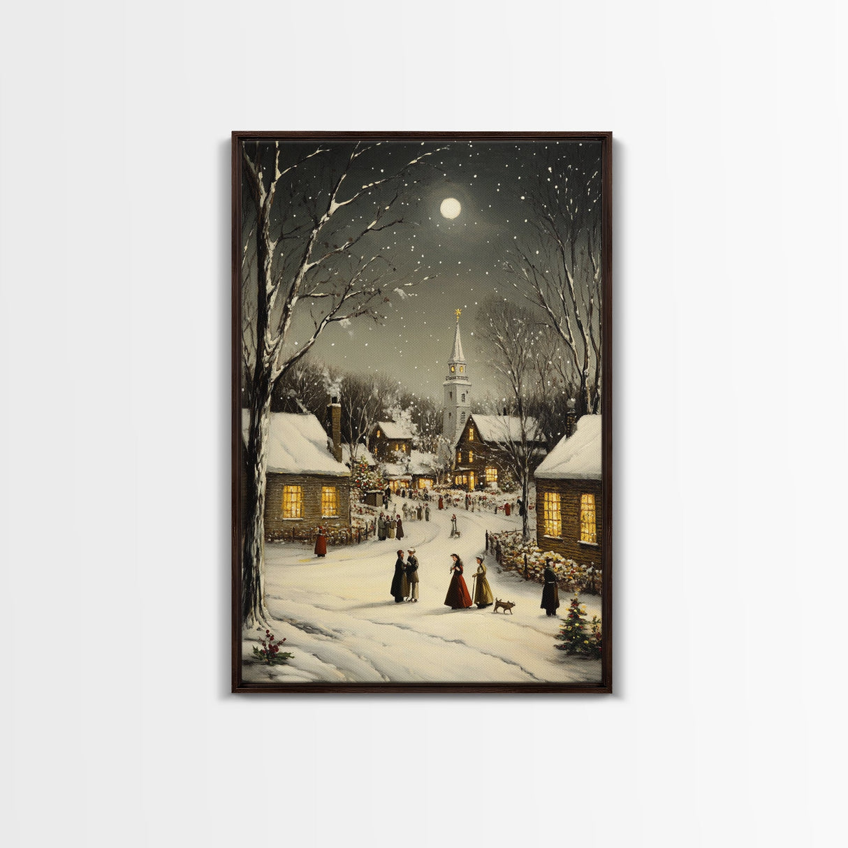 Huge Christmas Tree In The Town Square, Christmas Village Wall Art, Framed Canvas Print, Christmas Canvas Art