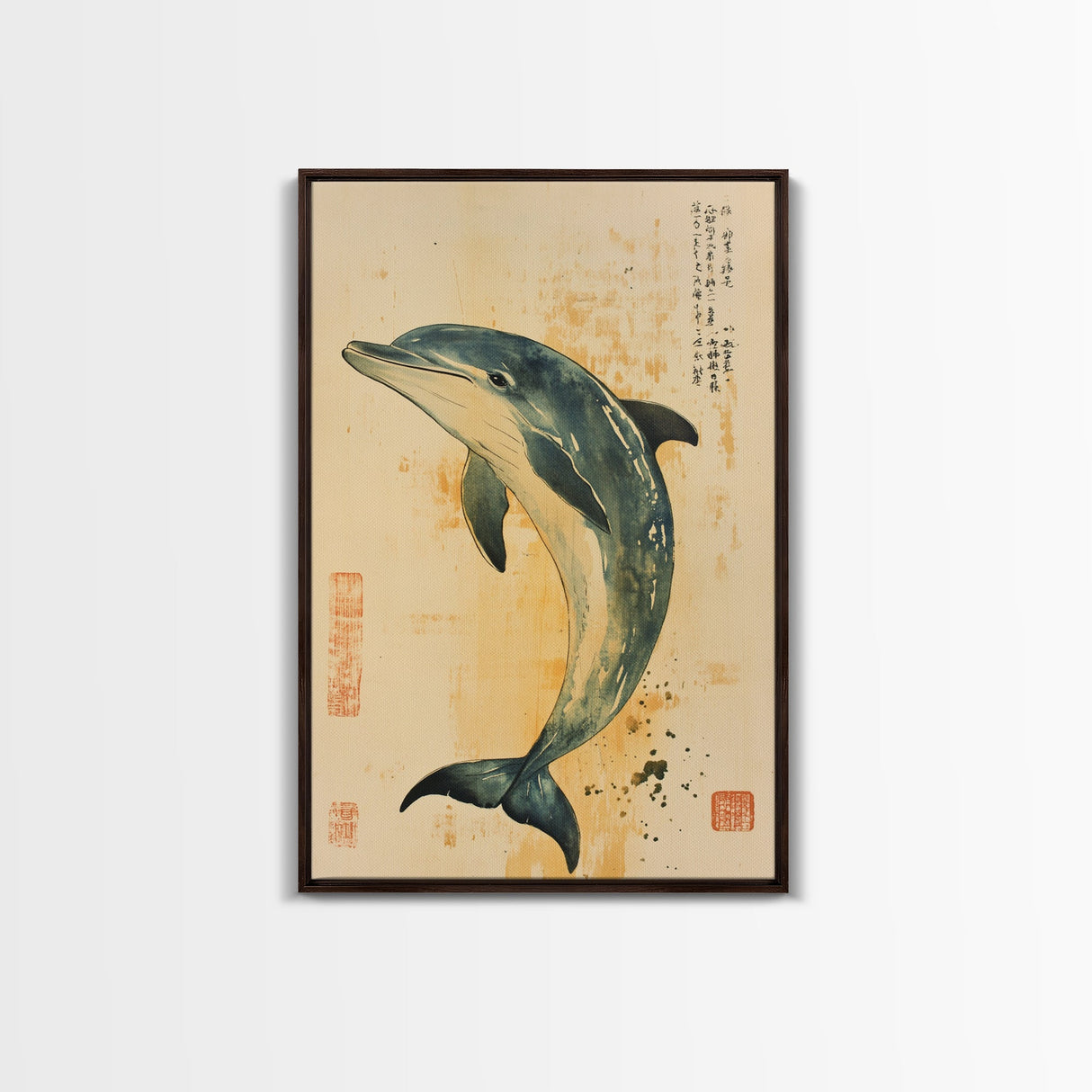 Japanese Style Dolphin Print, Nautical Decor, Framed Canvas Print, Dolphin Painting, Dolphin Art, Gift For Him, Office Art