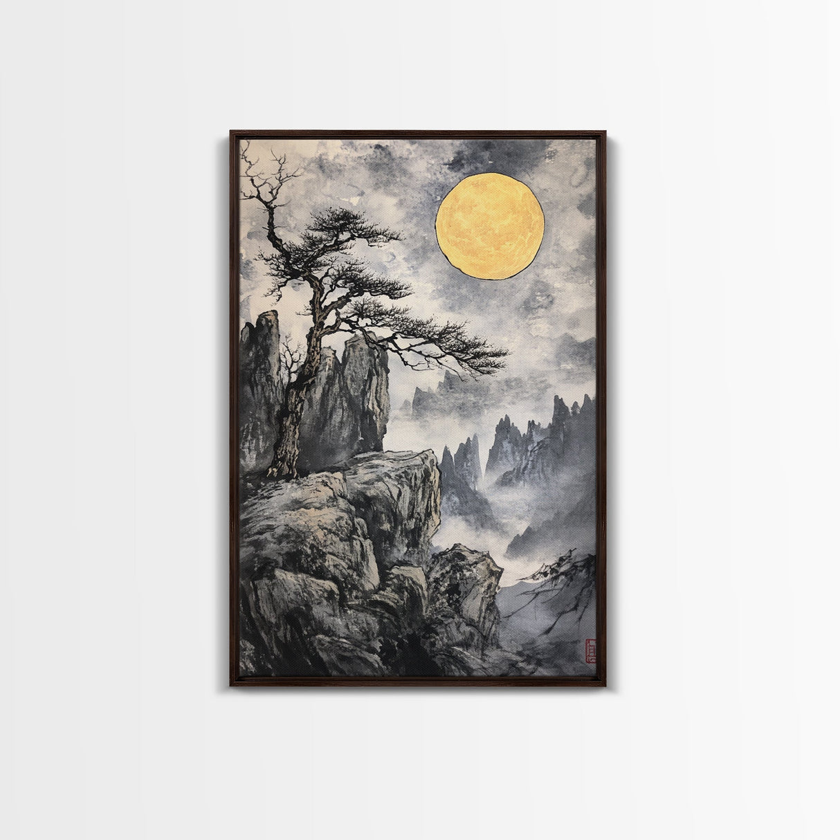 Wabi Sabi Landscape Painting Print - Japanese Style Decor - Japanese Style Art - Bonzai Tree Under a Full Moon