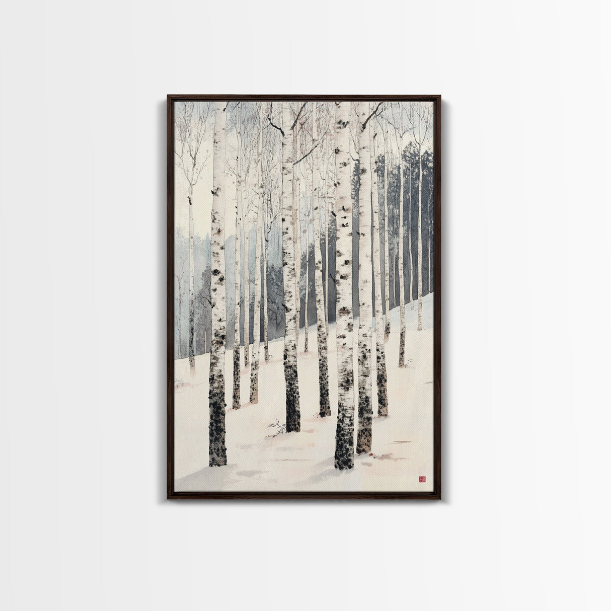 Winter Birch Tree Forest Framed Canvas Print, White Birch Trees In Winter Forest Landscape Art Print Minimalist Living Room Nature Wall Art