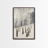 Winter Birch Tree Forest Framed Canvas Print, White Birch Trees In Winter Forest Landscape Art Print Minimalist Living Room Nature Wall Art