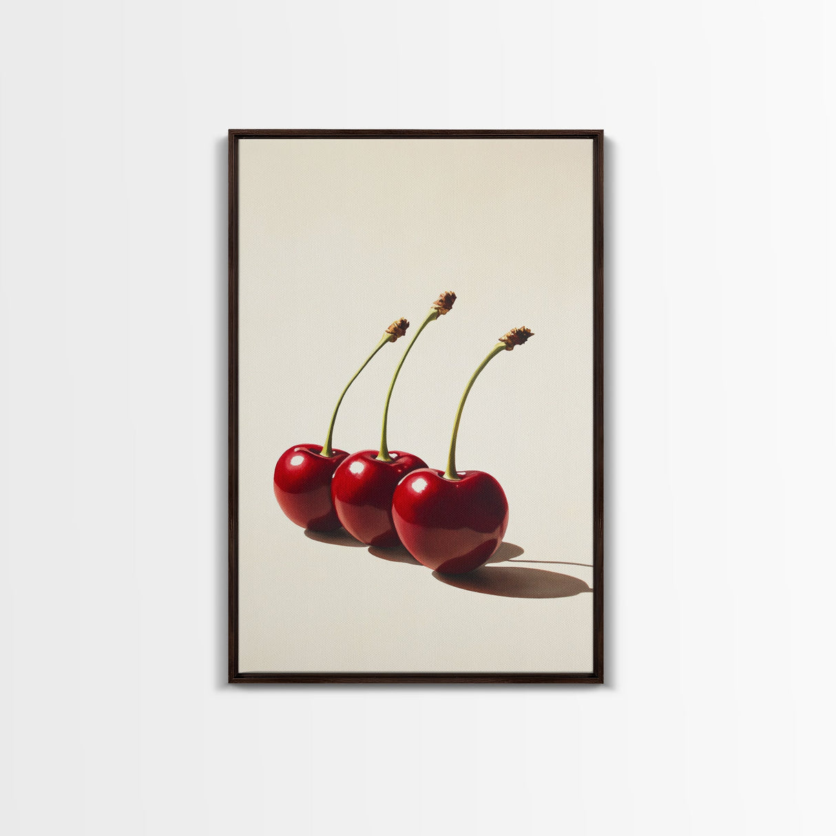 Three Cherries Framed Canvas Print, Cherry Painting, Cherry Wall Art, Ready To Hang Painting, Framed Wall Art, Photorealism, Fruit Art