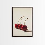 Three Cherries Framed Canvas Print, Cherry Painting, Cherry Wall Art, Ready To Hang Painting, Framed Wall Art, Photorealism, Fruit Art
