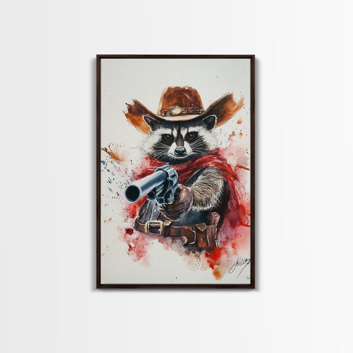 Wild West Racoon Cowboy Watercolor Painting Print, Rustic Home Decor, Framed Canvas Ready To Hang