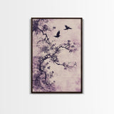 Wabi Sabi Floral Print Framed Canvas Art, Minimalist Home Decor, Purple trees with Crows, Purple Art, Boho Style Modern Art