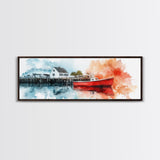 Panoramic Nautical Seacape Painting, Framed Canvas Print - Nantucket Wall Art - Beach House Art - Painting of Nantucket