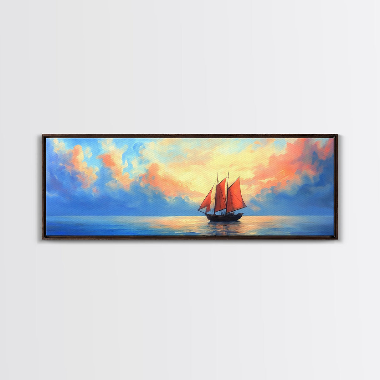 Japanese Sailboat on a Calm Sea, Framed Canvas Print, Panoramic Seascape Landscape Painting, Nautical Home Decor, Ocean Painting