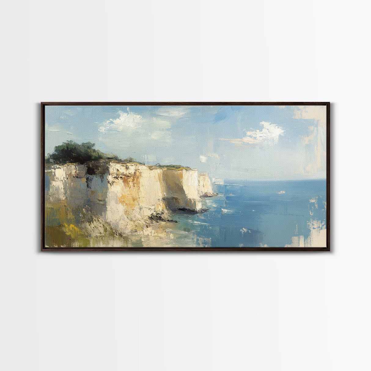White Cliffs of Dover Framed Canvas Print, England Landscape Painting, Whimsical Wall Art, Light and Airy Eclectic Home Decor, Room Brightening