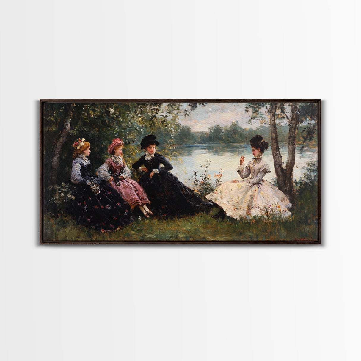 Victorian Women Having a Summer Party on the River, Framed Canvas Print, Victorian Summr Day Oil Painting Print, Whimsical Wall Art