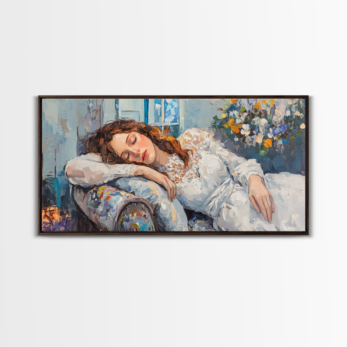 Decadent Young Woman Inspired Wall Art, Framed Canvas Print, Victorian Oil Painting Of a Woman Taking a Nap, Cute Bedroom Decor