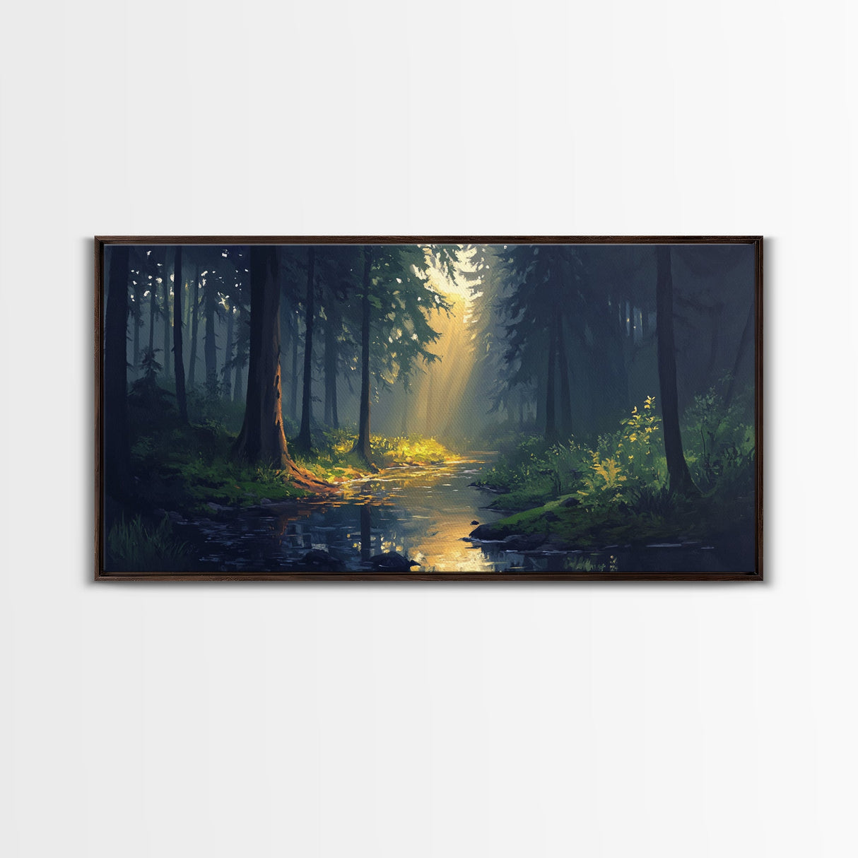 Sun Shines Through The Forest Trees, Framed Canvas Print, Fantasy Landscape Painting, Forest Landscape Oil Painting Print, Living Room Decor