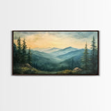 Minimalist Watercolor Painting Print of The Blue Ridge Mountains, Framed Canvas Print, Modern Landscape Painting