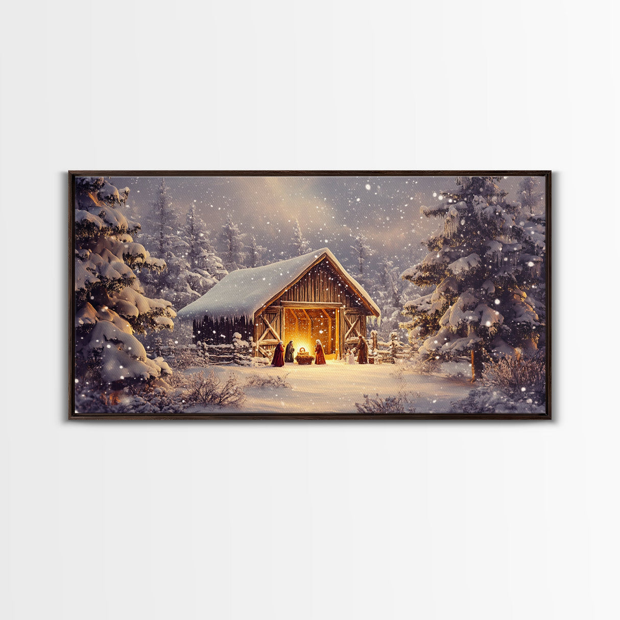 Nativity Scene Framed Canvas Print, Jesus in His Manger, Christmas Wall Art, Christmas Centerpiece Art, Nativity Oil Painting