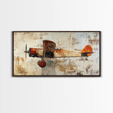 Retro 1920s Airplane In Flight Framed Canvas Print, Airplane Painting, Biplane Painting, Office Decor, Office Wall Art