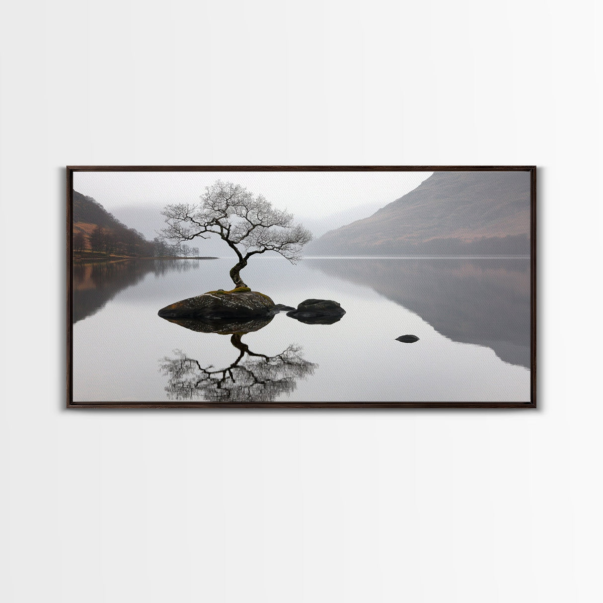 Lone Bonzai Tree On an Island Framed Canvas Print - Ready To Hang Wall Art - Wabi Sabi Landscape Painting - Japanese Style Wall Art