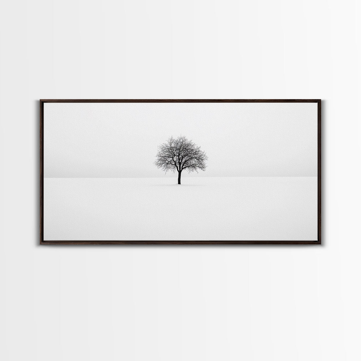 Footprints In the Snow Lead To a Lone Dead Tree - Framed Canvas Print - Ready To Hang Art - Moody Wall Art - Black and White Photography Print