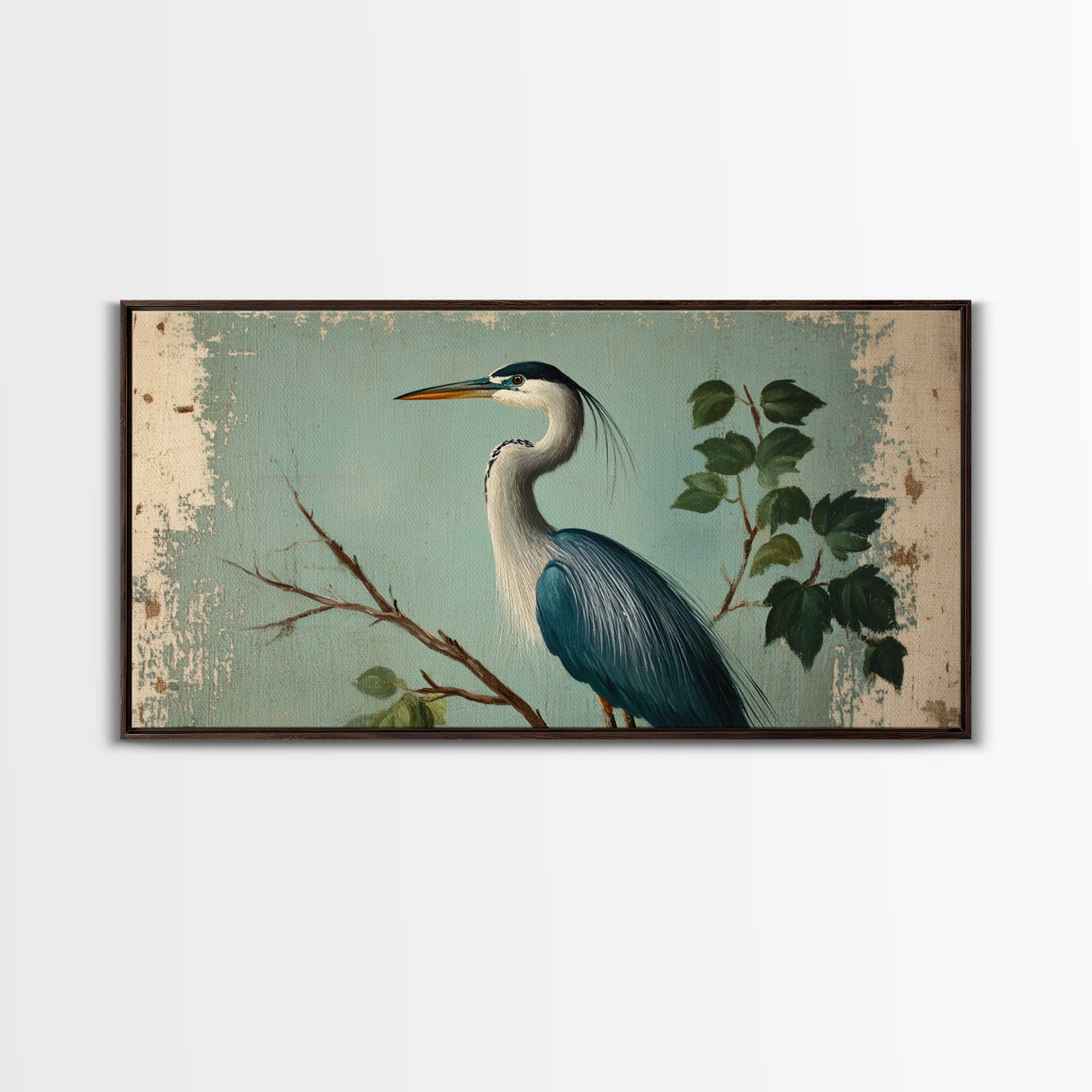 Funky Painting Print of a Blue Heron, Framed Canvas Print, Ready To Hang Wall Art, Great Blue Heron, Extra Large Bird Picture Painting